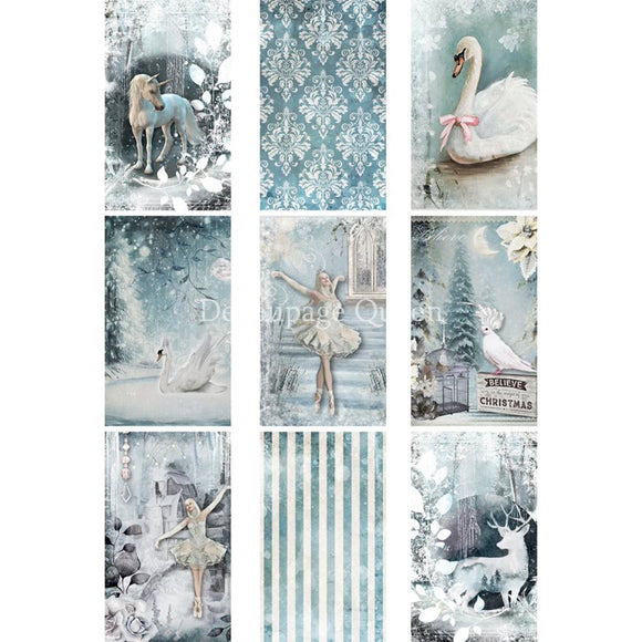 Vellum paper featuring 9 enchanting scenes of blue winter magic including a unicorn, swans, stripes, damask pattern, and ballerinas.