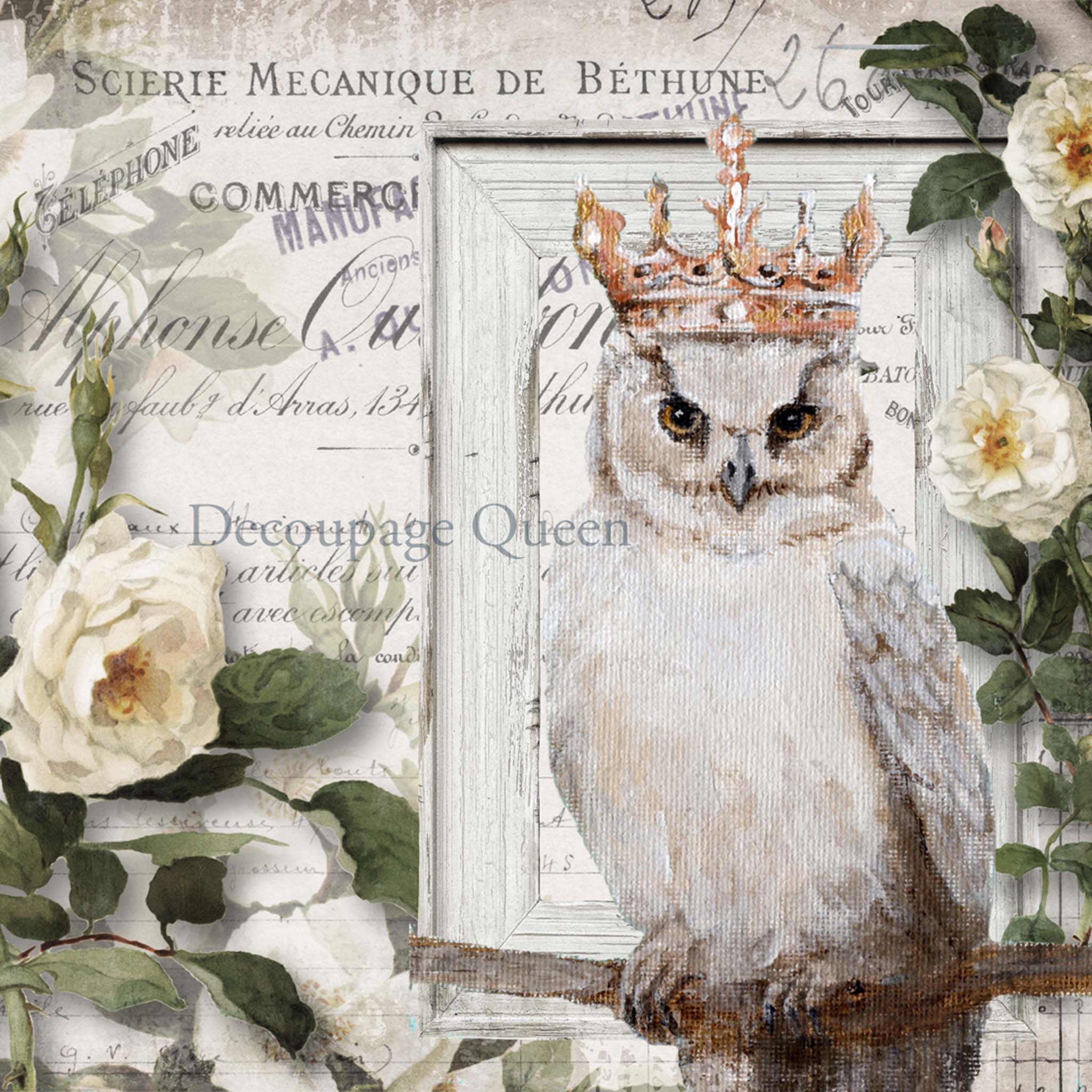 Close-up of an A3 rice paper design featuring a stately owl wearing a rose gold crown and white roses that are against a French document. 