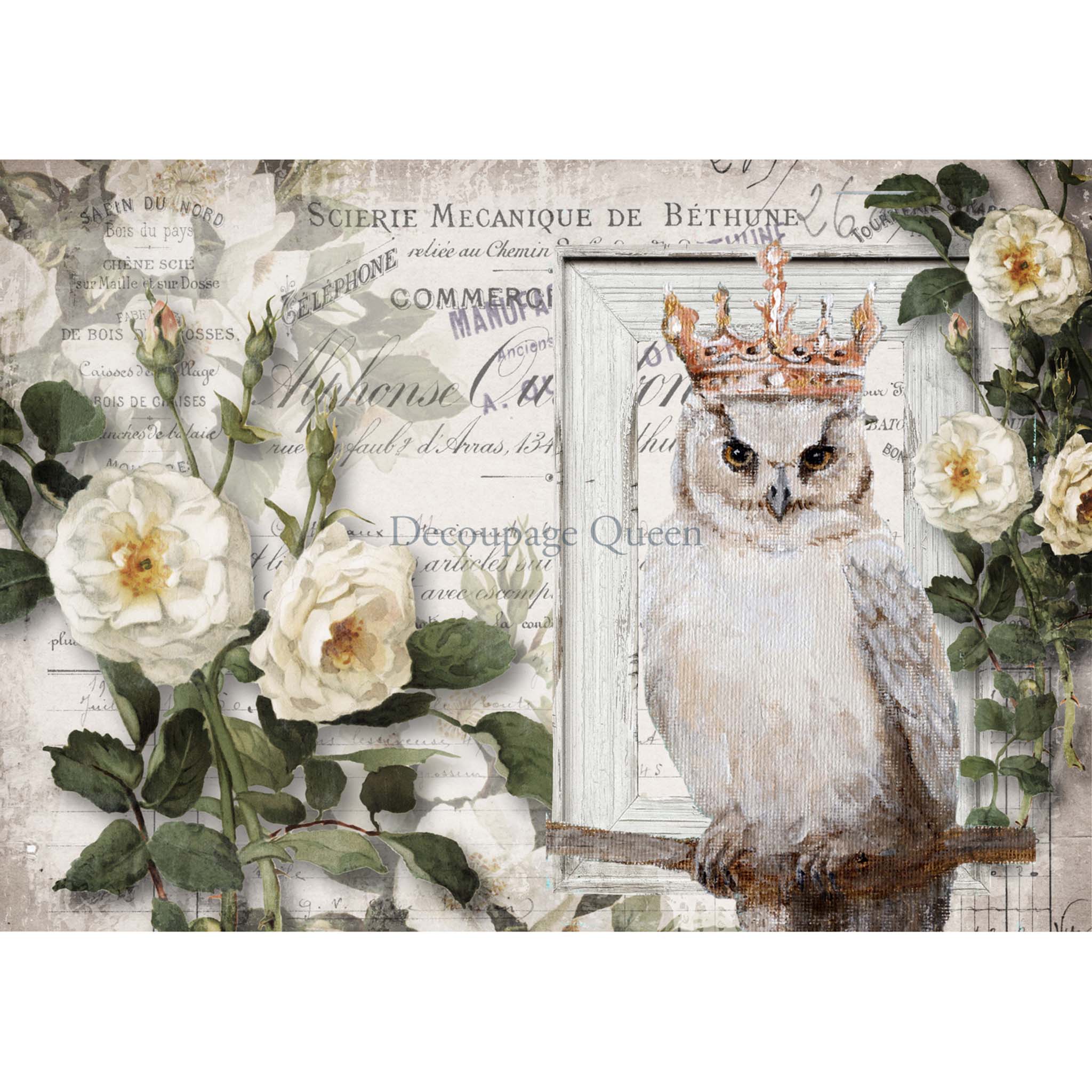 A4 rice paper design featuring a stately owl wearing a rose gold crown and white roses that are against a French document. White borders are on the top and bottom.