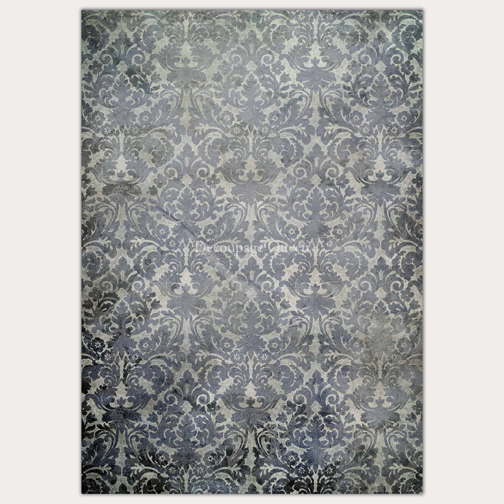 A2 rice paper design that features a faded blue damask wallpaper pattern. White borders are on the sides.