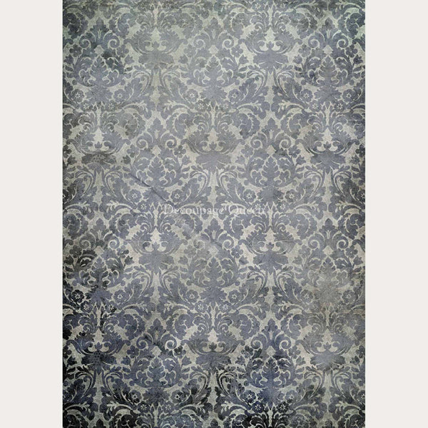 A1 rice paper design that features a faded blue damask wallpaper pattern. White borders are on the sides.