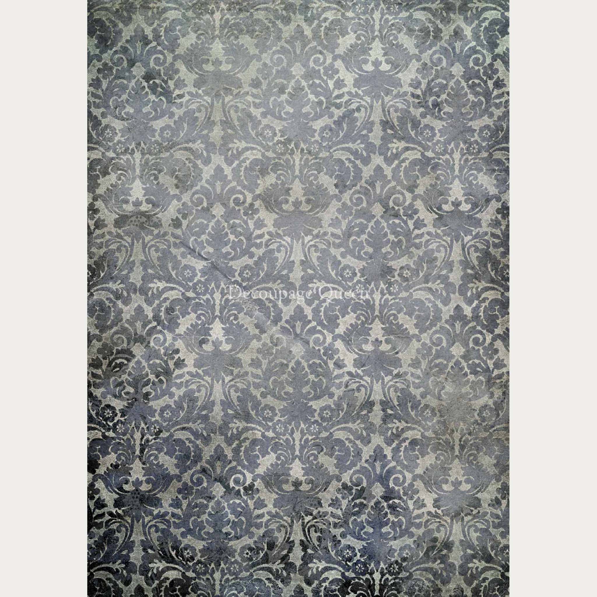A2 rice paper design that features a faded blue damask wallpaper pattern. White borders are on the sides.