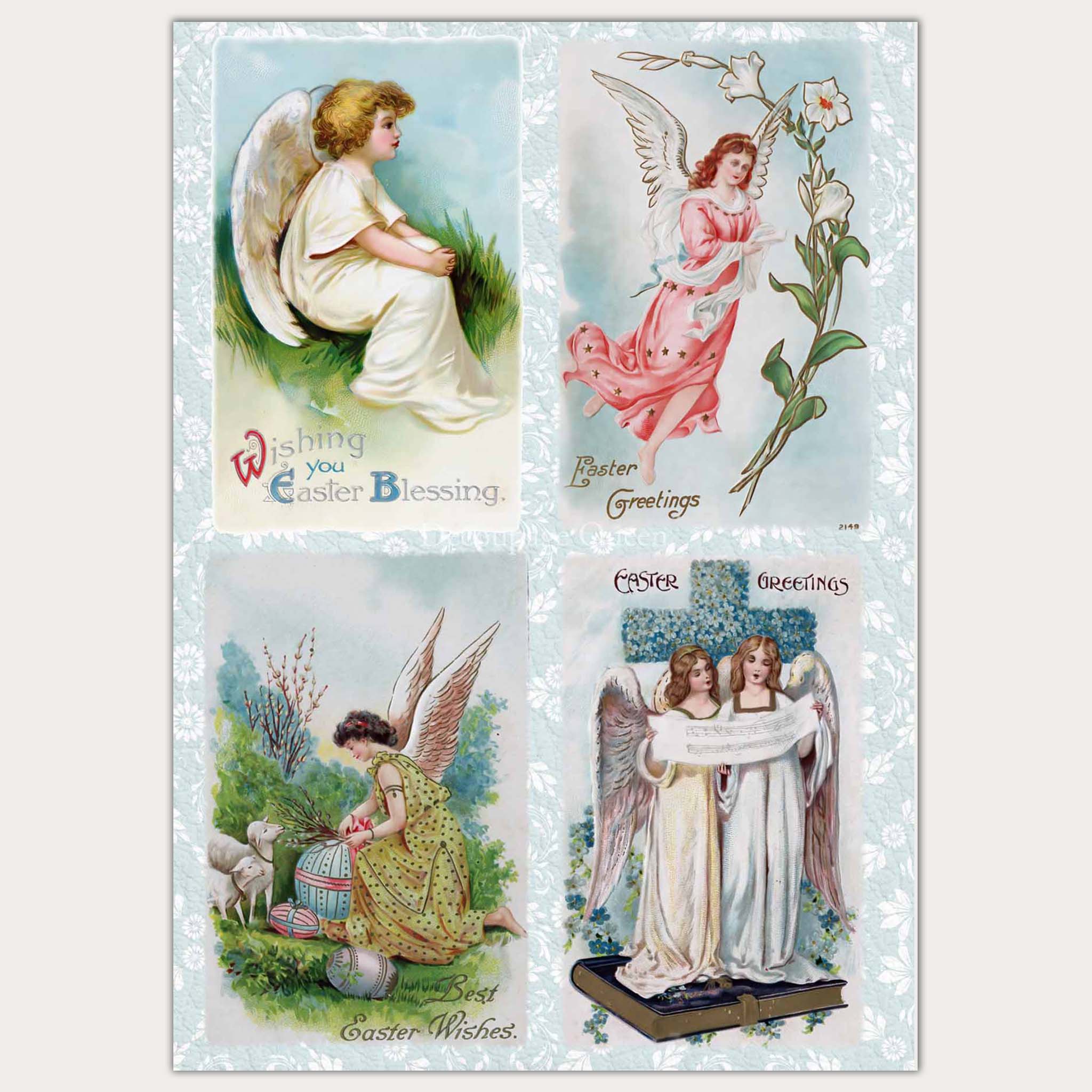 A3 rice paper design that features 4 scenes of Easter angels on a light blue floral background. Cream colored borders are on the sides.