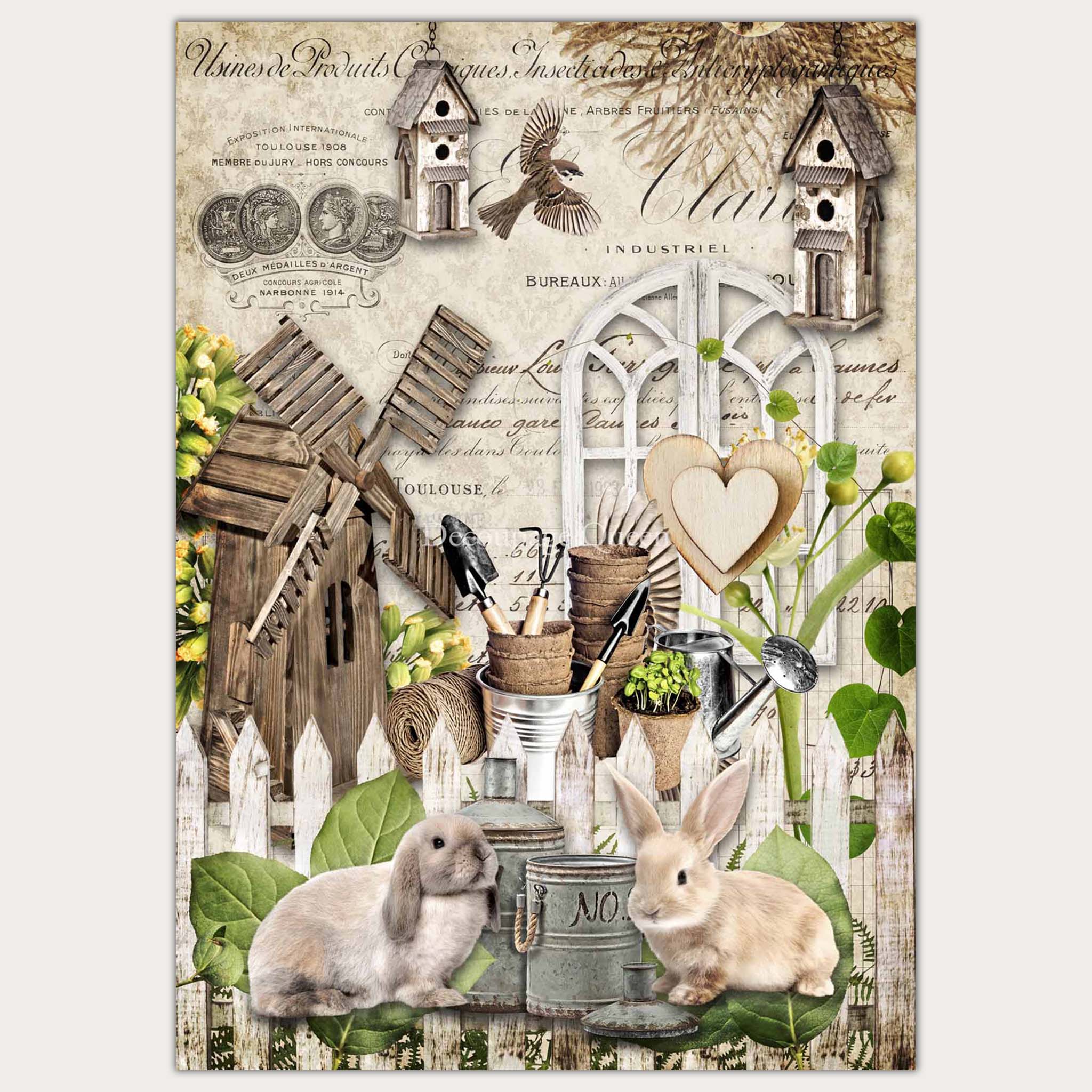 A3 rice paper design that features a collage of bunnies, bird houses, a wood windmill, and other garden accessories against a vintage parchment background. White borders are on the sides.