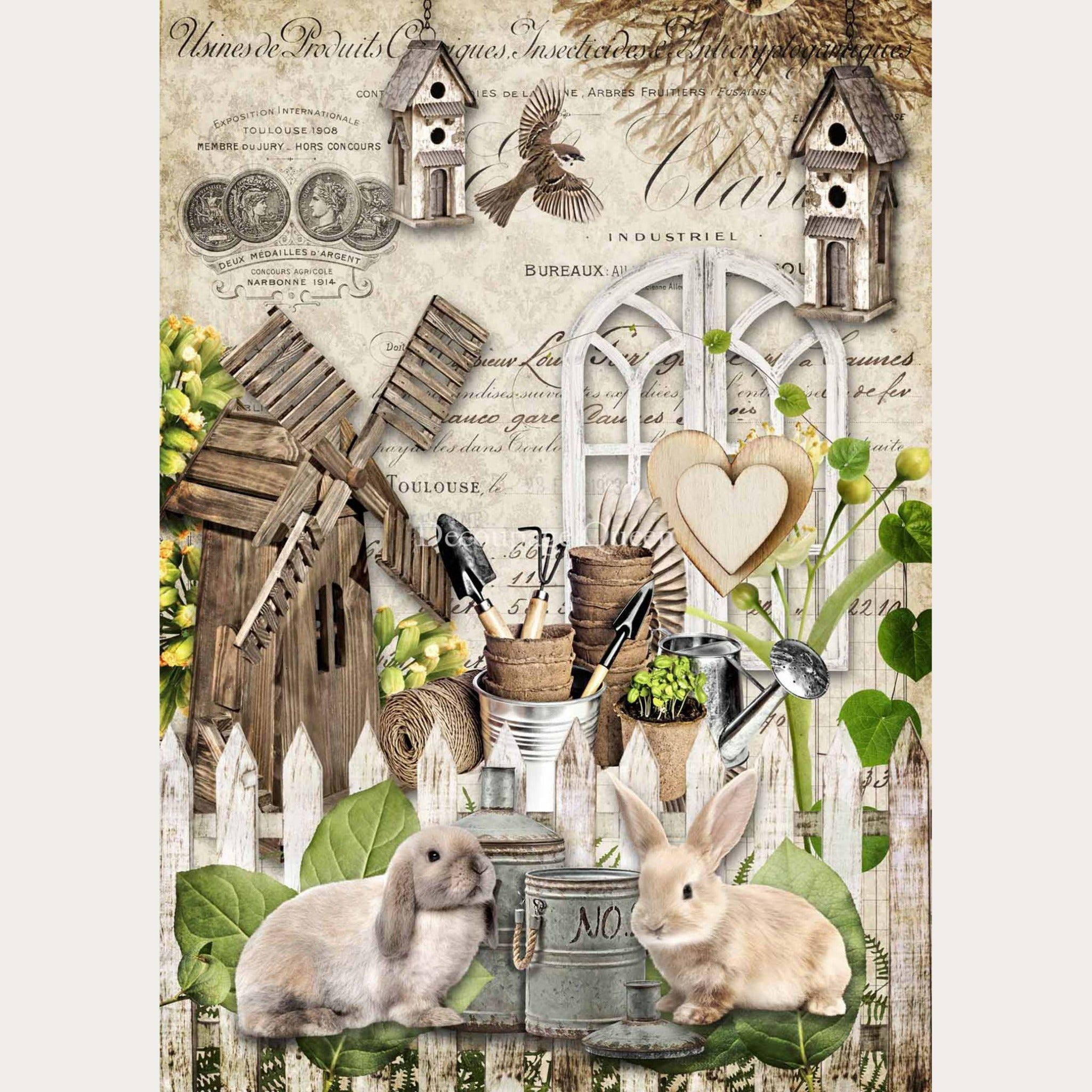 Rice paper design that features a collage of bunnies, bird houses, a wood windmill, and other garden accessories against a vintage parchment background. White borders are on the sides.