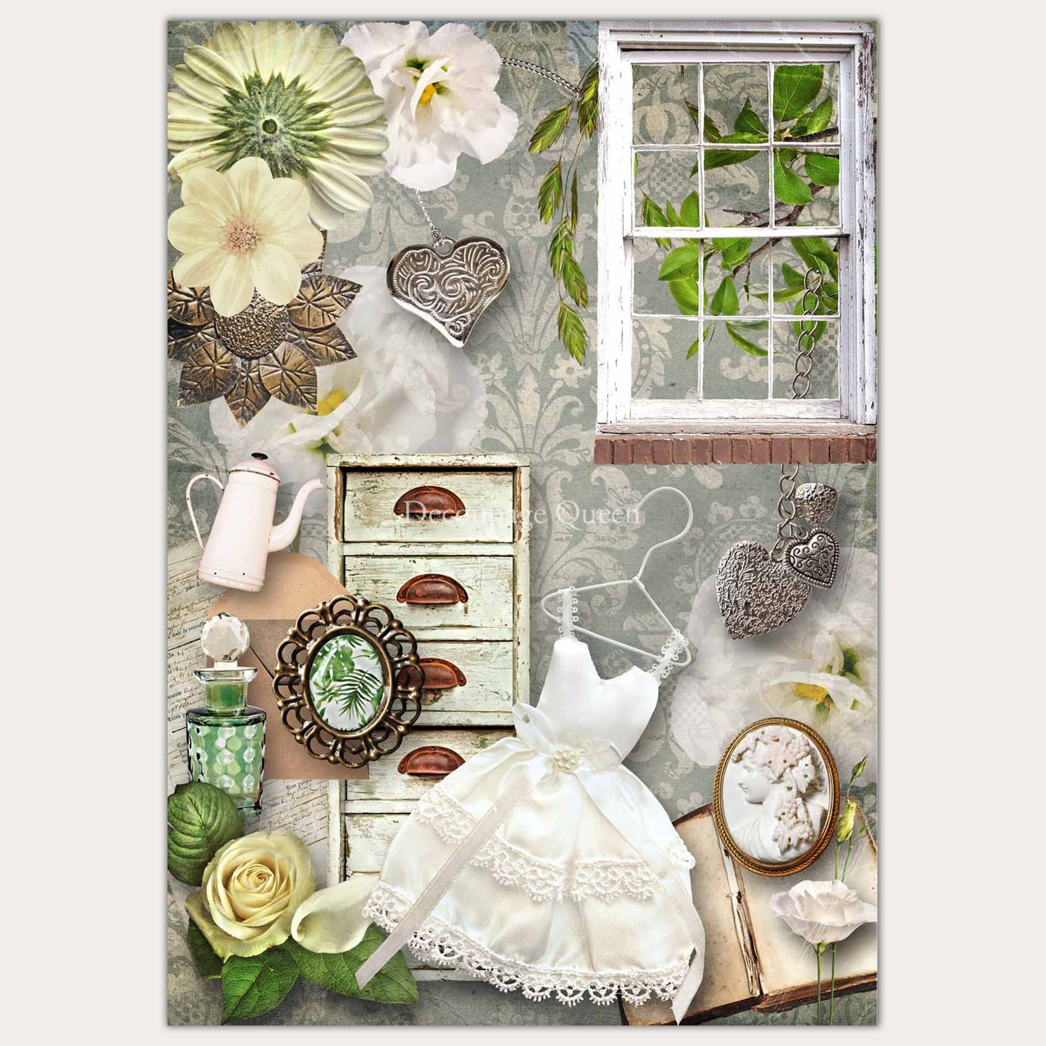A3 rice paper design that features a collage of silver heart necklaces, a girls white dress on a hanger, a perfume bottle, a distressed vintage chest dresser, a white 12 pane vintage window, and white flowers against a damask wallpaper. White borders are on the sides.