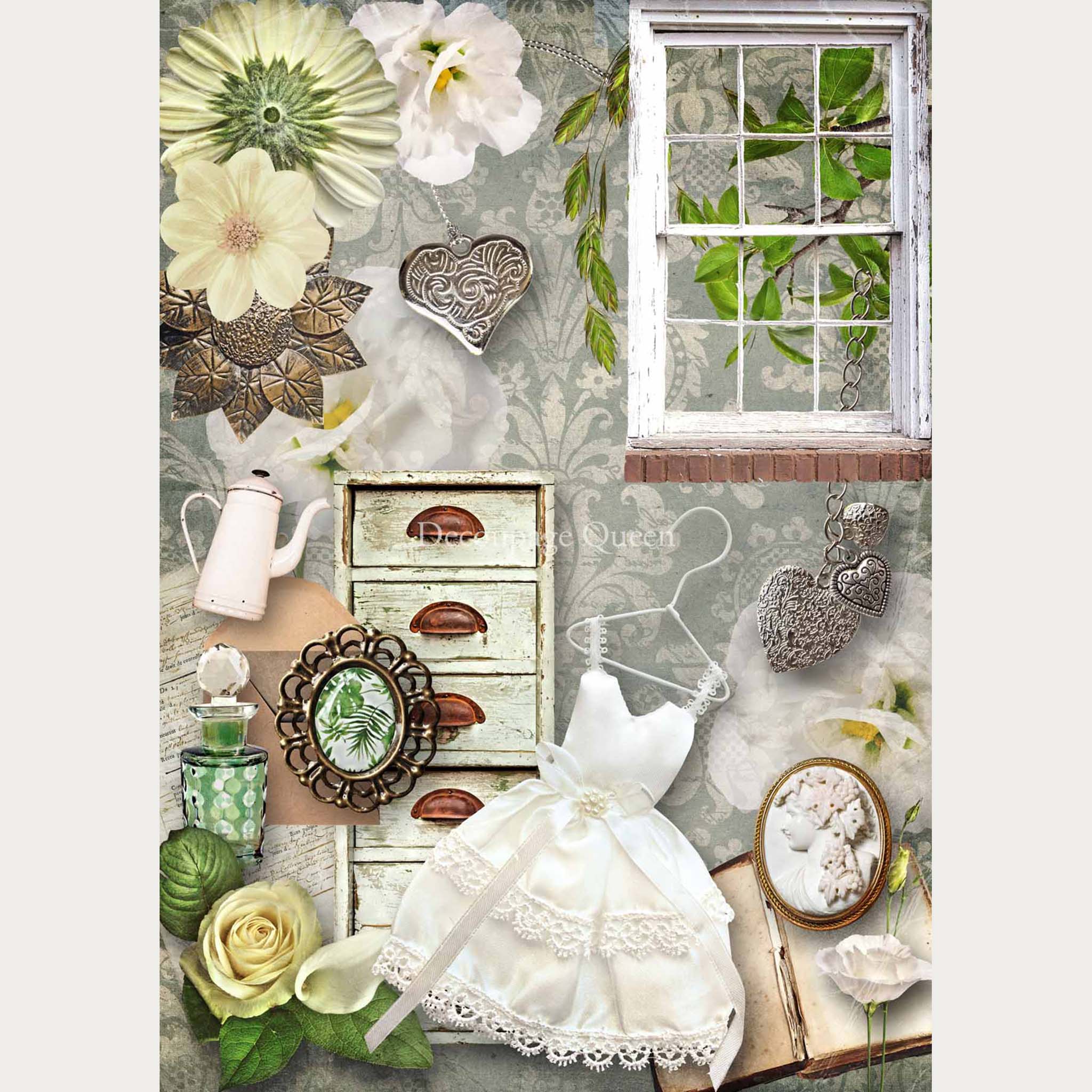 A3 rice paper design that features a collage of silver heart necklaces, a girls white dress on a hanger, a perfume bottle, a distressed vintage chest dresser, a white 12 pane vintage window, and white flowers against a damask wallpaper. White borders are on the sides.