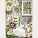Rice paper design that features a collage of silver heart necklaces, a girls white dress on a hanger, a perfume bottle, a distressed vintage chest dresser, a white 12 pane vintage window, and white flowers against a damask wallpaper. White borders are on the sides.