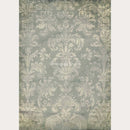 Rice paper featuring a beautiful damask print on a unique gray blue background. White borders are on the sides.
