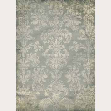 Rice paper featuring a beautiful damask print on a unique gray blue background. White borders are on the sides.