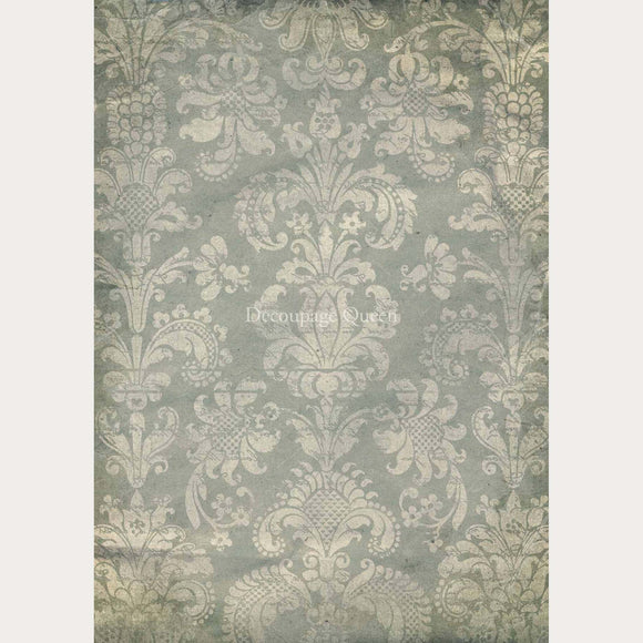 Rice paper featuring a beautiful damask print on a unique gray blue background. White borders are on the sides.