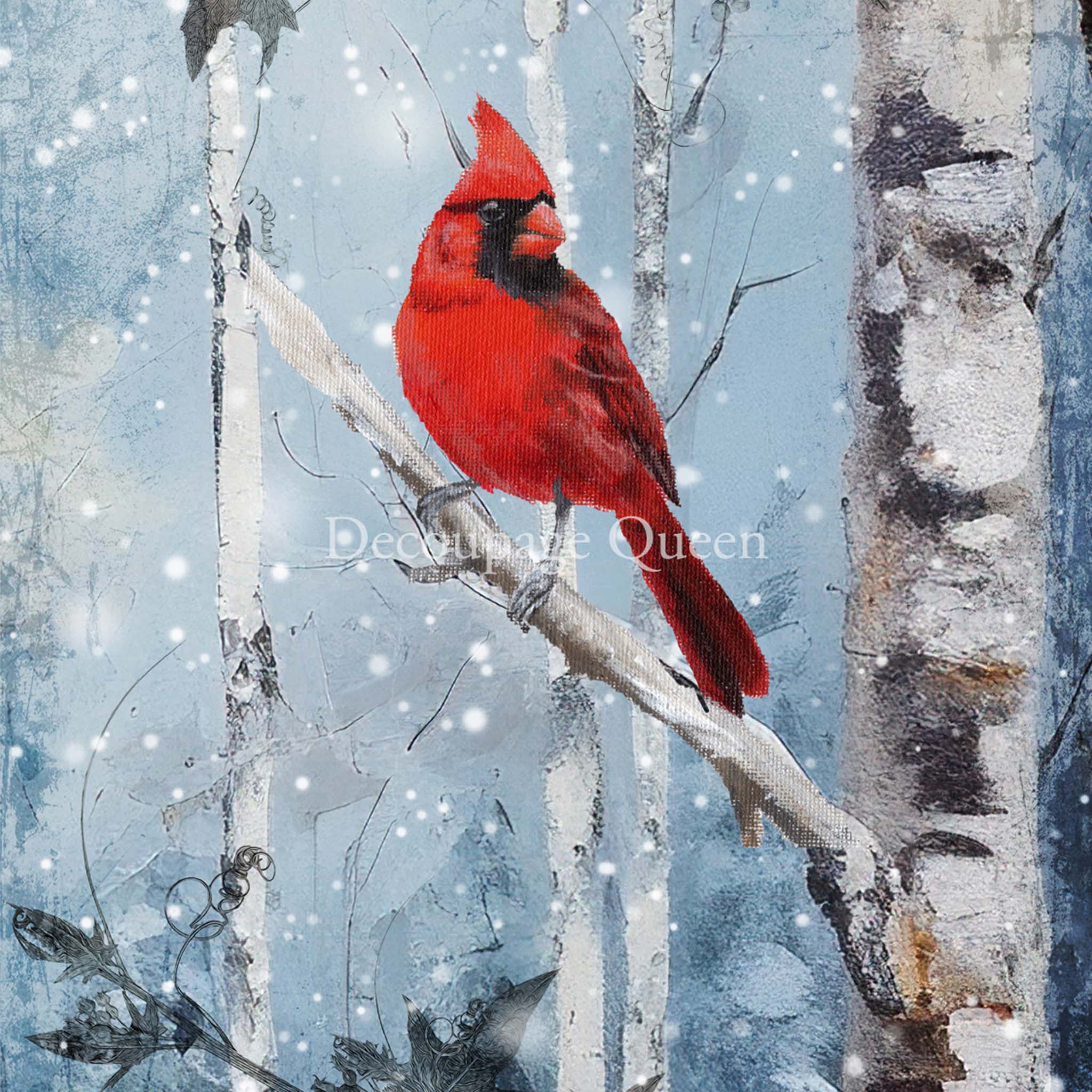 A3 rice paper design featuring a cardinal perched on a snow-covered birch limb.