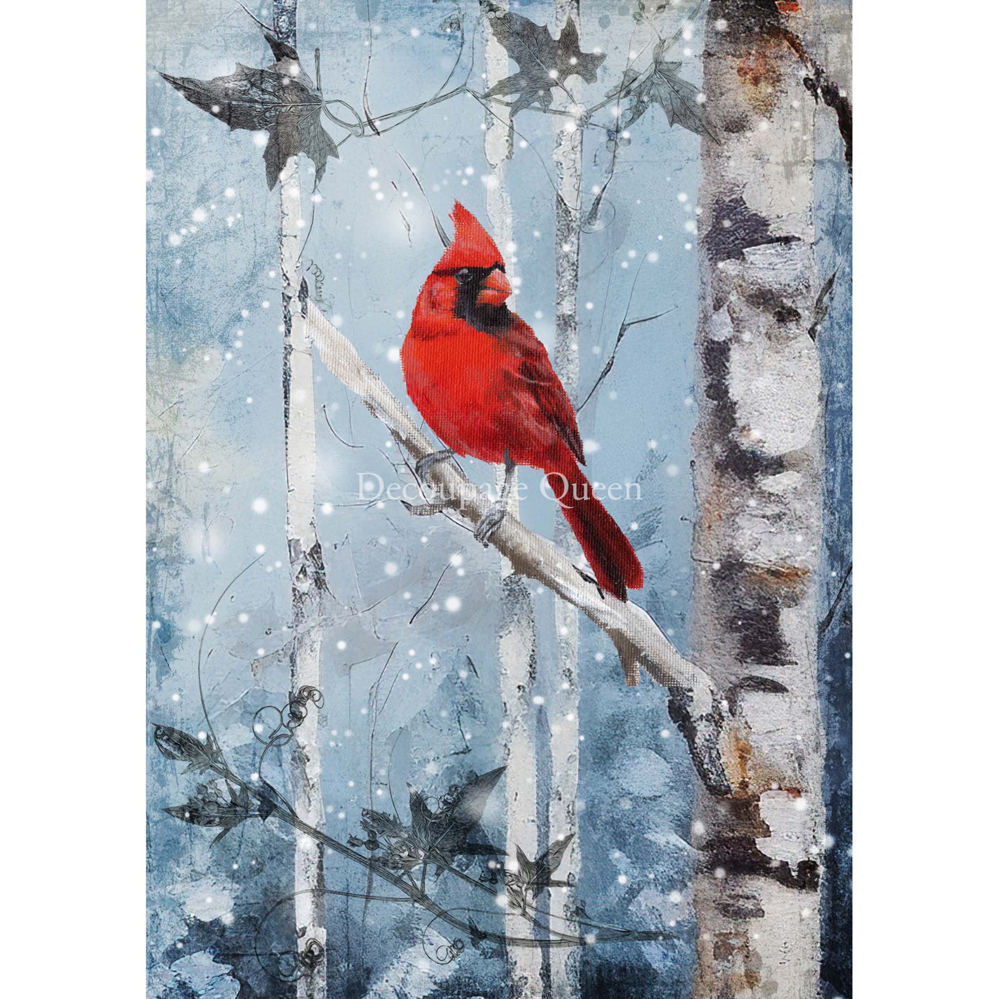 A3 rice paper design featuring a cardinal perched on a snow-covered birch limb. White borders are on the sides.