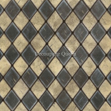 Close-up of a rice paper design of hand painted vintage black harlequin diamonds.