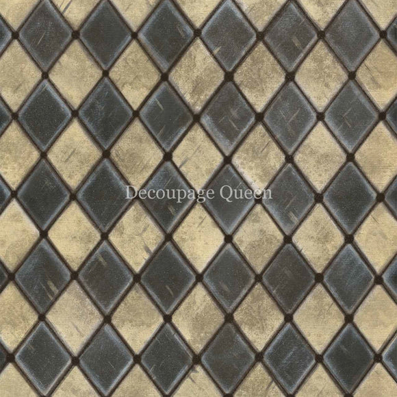 Close-up of a rice paper design of hand painted vintage black harlequin diamonds.