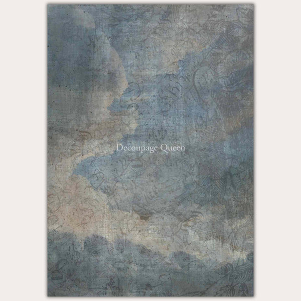 A2 rice paper that features a faded sky with clouds background with faint scribble overlay. White borders are on the sides.