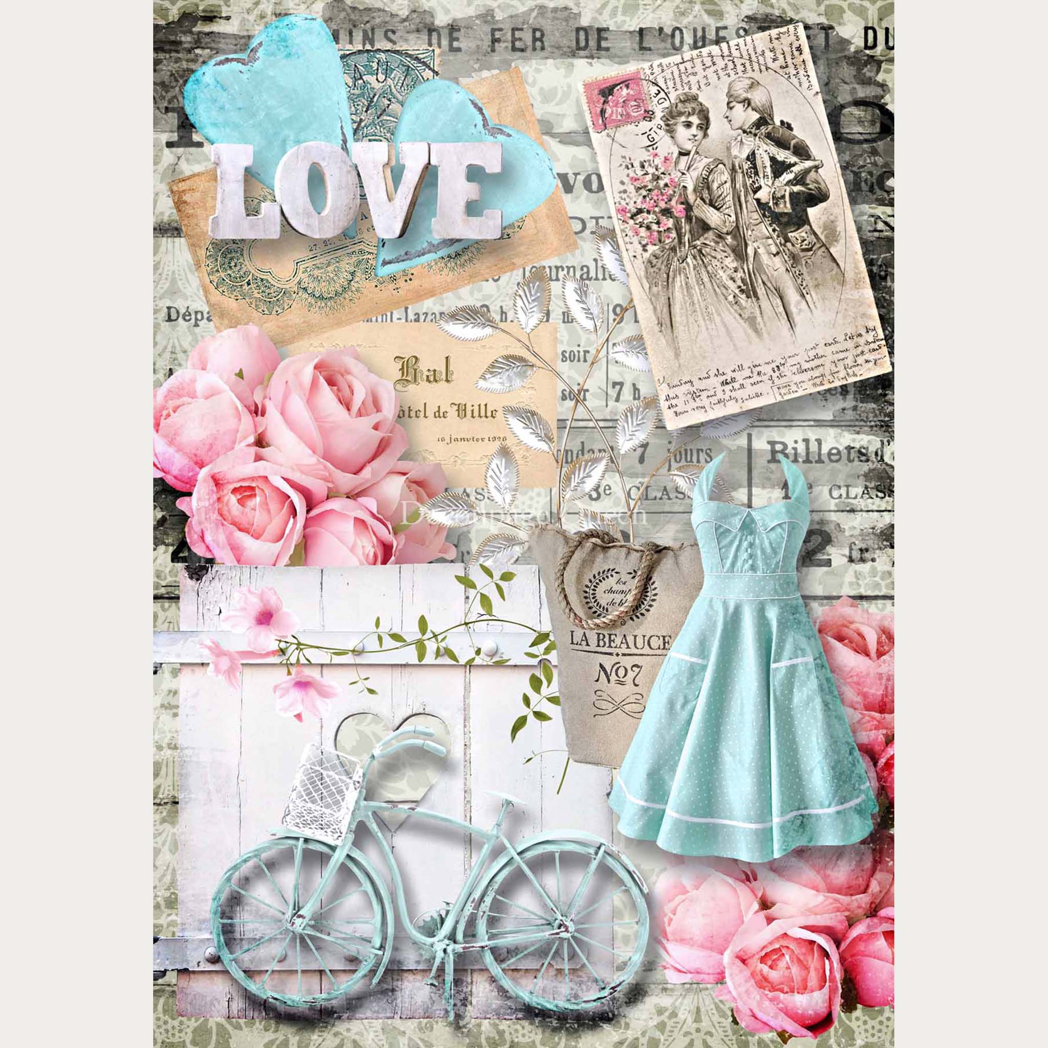 A3 rice paper that features a collage of vintage postcards, pink roses, a white picket fence and a vintage light blue bicycle and dress. White borders are on the sides.