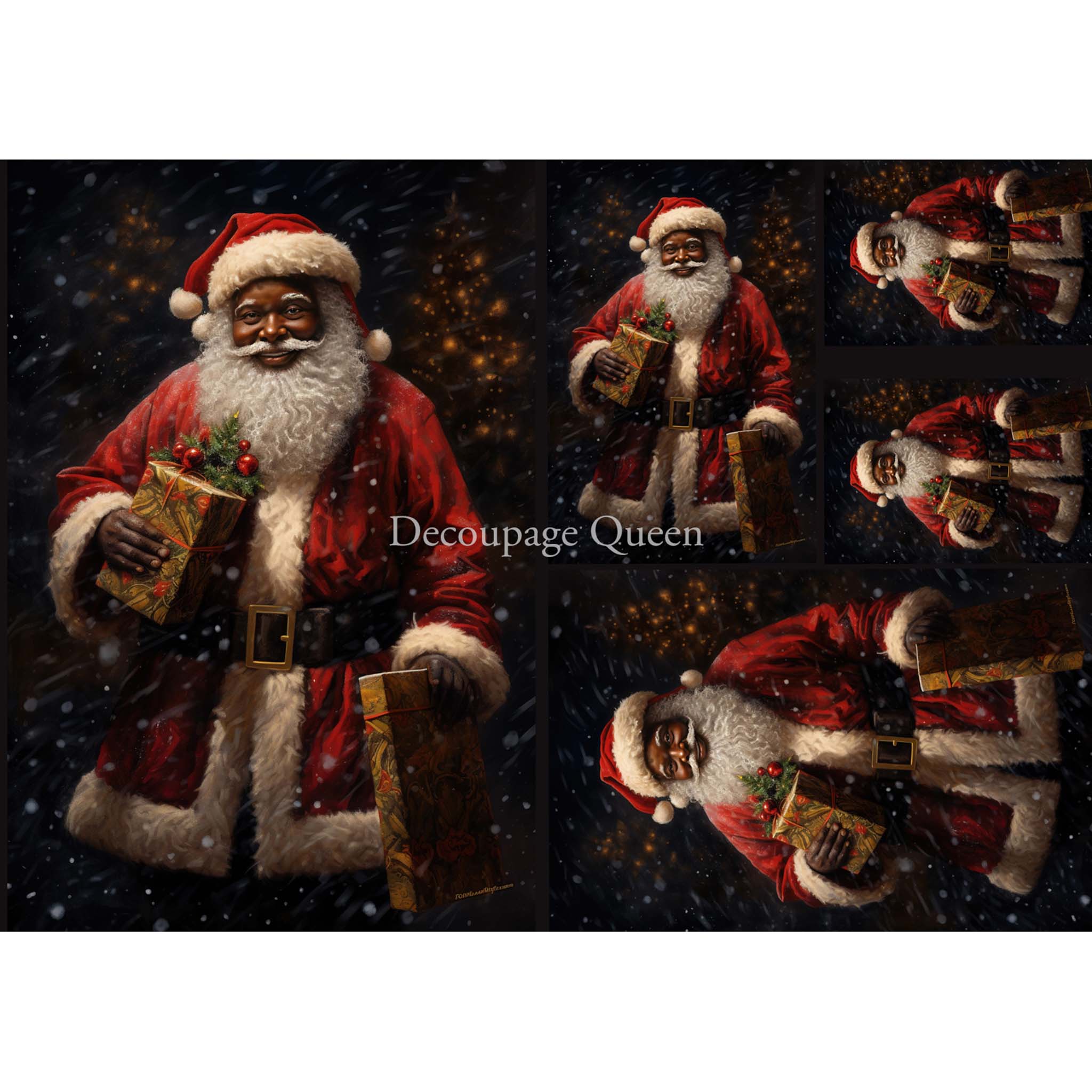 A3 rice paper design of 5 varying sizes that features a jolly Santa of dark complextion carrying presents surrounded by falling snow during a winter night with a faintly lit Christmas tree behind him.