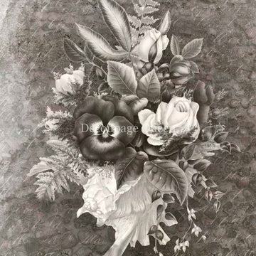 Close-up of a rice paper featuring a beautiful black and white floral bouquet design on a subtle script background.