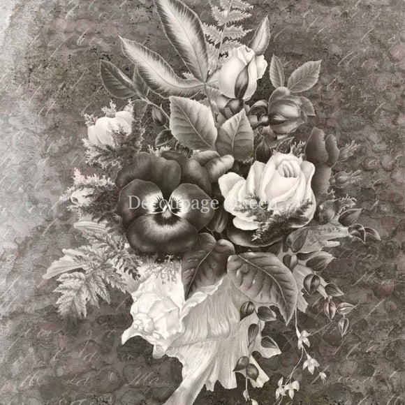 Close-up of a rice paper featuring a beautiful black and white floral bouquet design on a subtle script background.