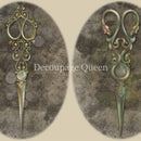 Close-up of a rice paper featuring 2 oval images of ornate seamstress scissors. 