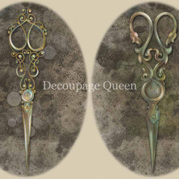 Close-up of a rice paper featuring 2 oval images of ornate seamstress scissors. 