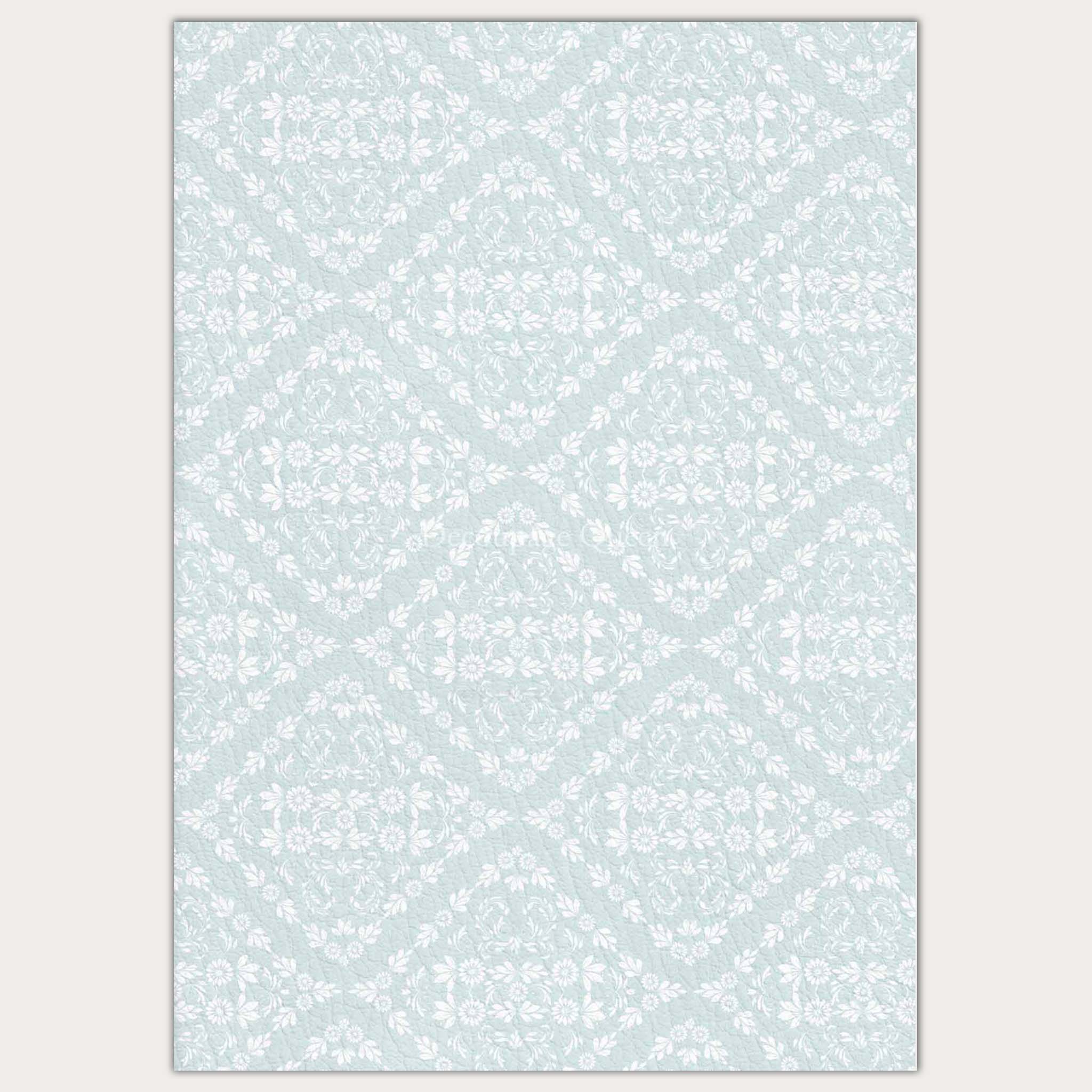 A3 rice paper that features quilted diamonds of dainty white flowers sit against a light blue background. Light beige borders are on the sides.