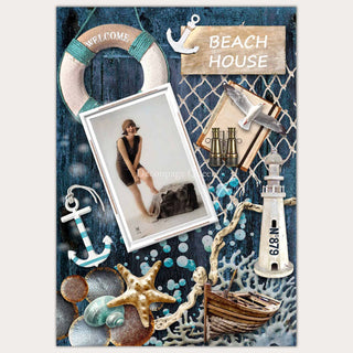 A4 rice paper design of a collage of beach house decorations and a portrait of a vintage 1920's woman in a swimsuit. The paper sits on a white background.