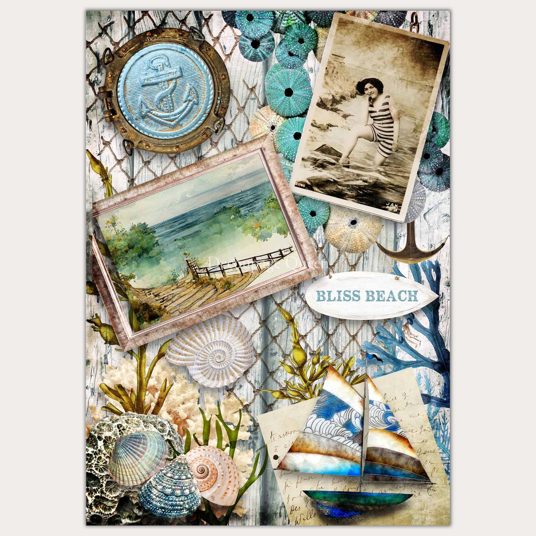 A4 rice paper design that features a collage of beach items and photos against a wood and netting background. White borders surround the paper.