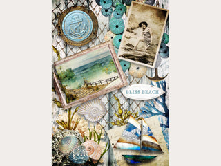 A4 rice paper design that features a collage of beach items and photos against a wood and netting background. White borders are on the sides.