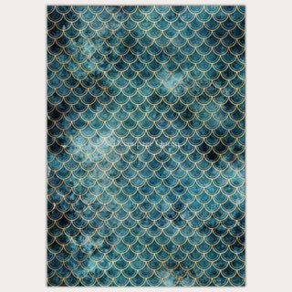 A3 rice paper design that features a blend of dark blue and teal with a gold mermaid scale pattern on it. White borders are on the sides.