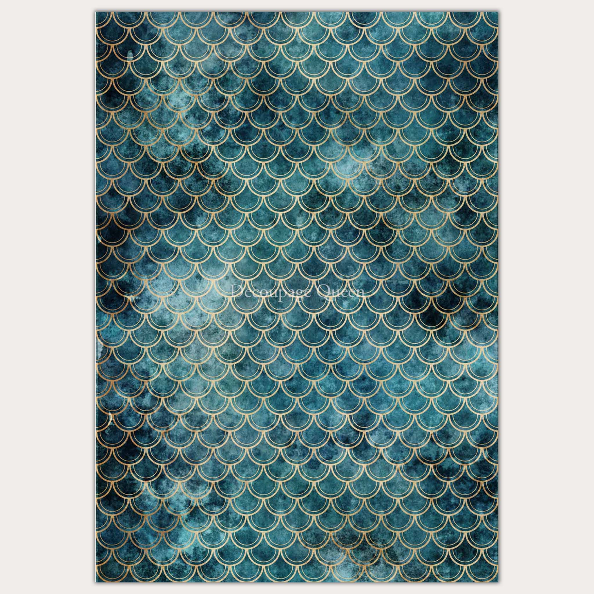 A1 rice paper design that features a blend of dark blue and teal with a gold mermaid scale pattern on it. White borders are on the sides.