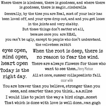 Close-up of a rice paper that features inspirational quotes and quotes from famous writers in classic typewriter font.