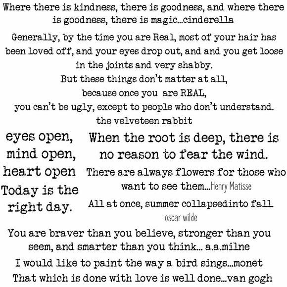 Close-up of a rice paper that features inspirational quotes and quotes from famous writers in classic typewriter font.