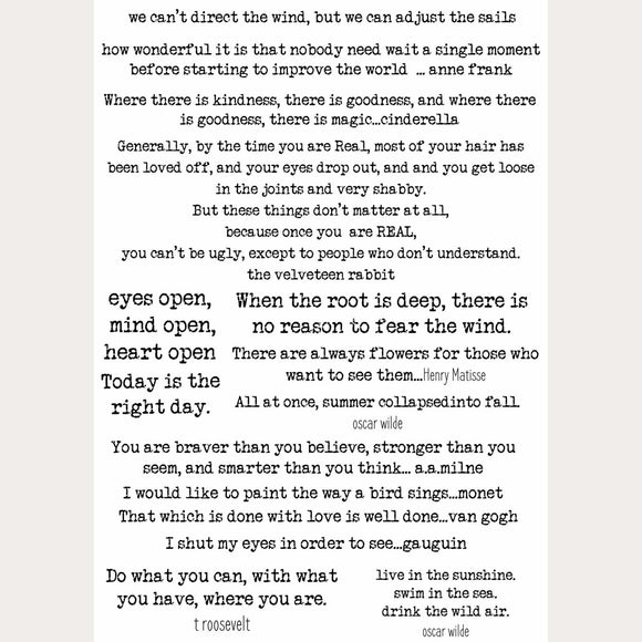 Rice paper that features inspirational quotes and quotes from famous writers in classic typewriter font. Light grey borders are on the sides.