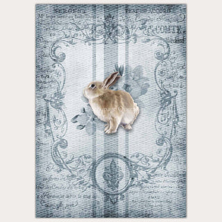 A3 rice paper designs of faded French writing with a bunny on a blue grain sack pattern. White borders are on the sides.