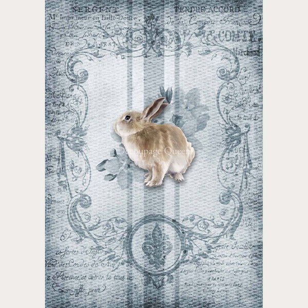 A3 rice paper designs of faded French writing with a bunny on a blue grain sack pattern. White borders are on the sides.