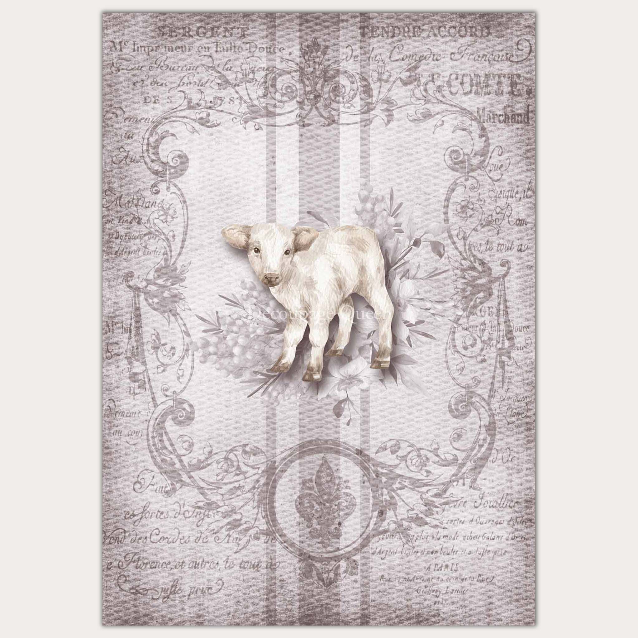 A2 rice paper designs of faded French writing with a lamb on a grey grain sack pattern. White borders are on the sides.