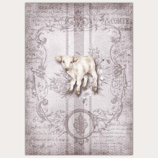 A2 rice paper designs of faded French writing with a lamb on a grey grain sack pattern. White borders are on the sides.