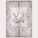 A3 rice paper designs of faded French writing with a lamb on a grey grain sack pattern. White borders are on the sides.