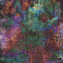 Close-up of a rice paper featuring the written out sins amidst a colorful cosmic sketch. 