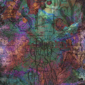 Close-up of a rice paper featuring the written out sins amidst a colorful cosmic sketch. 