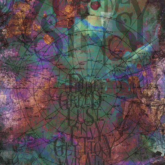 Close-up of a rice paper featuring the written out sins amidst a colorful cosmic sketch. 