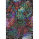 Rice paper featuring the written out sins amidst a colorful cosmic sketch. White borders are on the sides.