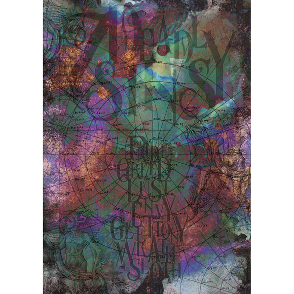 Rice paper featuring the written out sins amidst a colorful cosmic sketch. White borders are on the sides.