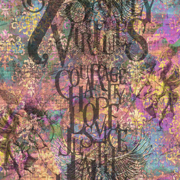 Close-up of a rice paper featuring a colorful collage featuring a list of the 7 saintly virtues and a heavenly background.