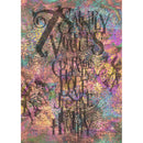 Rice paper featuring a colorful collage featuring a list of the 7 saintly virtues and a heavenly background. White borders are on the sides.