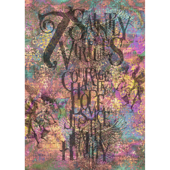 Rice paper featuring a colorful collage featuring a list of the 7 saintly virtues and a heavenly background. White borders are on the sides.