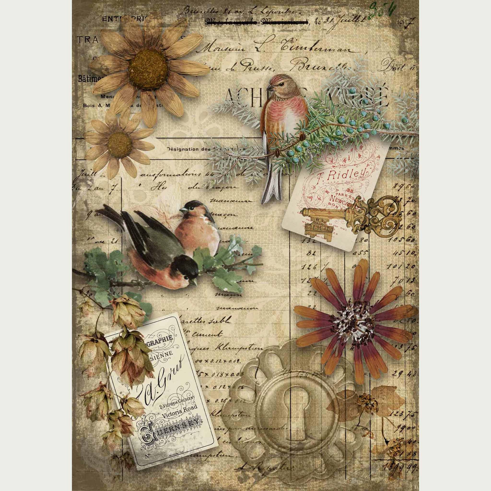 A2 rice paper design that features flowers, a key and keyhole, and birds perched on leafy branches against a backdrop of a vintage receipt. White borders on the sides.