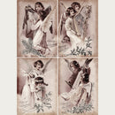 Rice paper featuring 4 scenes of sepia-toned vintage angels playing harps with Christmas greenery in color.